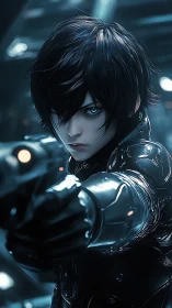 Futuristic armored figure points weapon in controlled stance