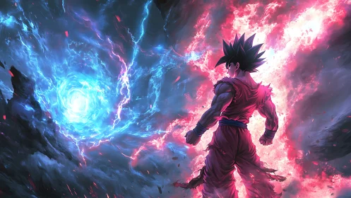 Character stands before swirling blue and red energy vortex