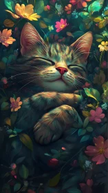 Sleeping Cat Surrounded by Luminous Florals in Digital Paint