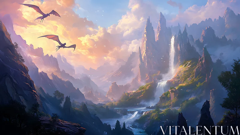 Dragons soar above luminous waterfall spires at sunrise.