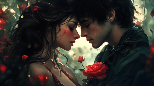 Tender moment between two hearts amid red roses.