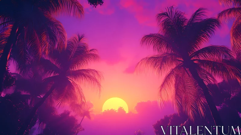 Palm silhouettes against saturated digital sunset sky.