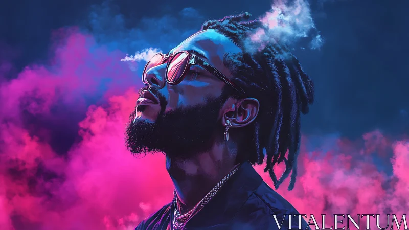 Man in sunglasses amid neon pink and blue smoke clouds.