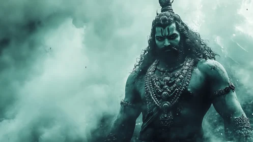 Mythic warrior deity emerges from swirling teal smoke.