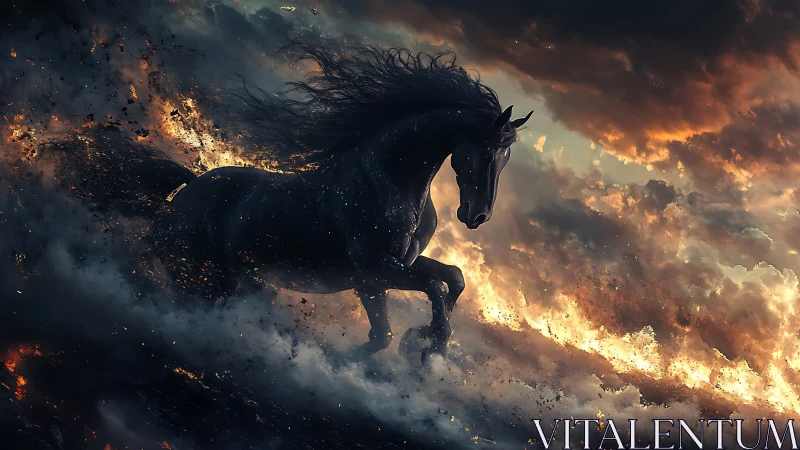 Mythic black stallion charges through infernal storm clouds