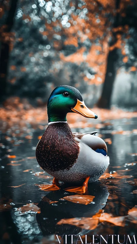 Mallard drake in saturated autumn palette stands in reflective water
