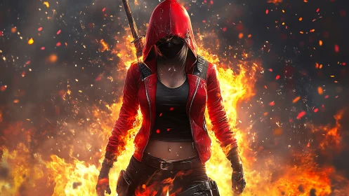 Flaming hooded warrior strides forward with bold fiery power