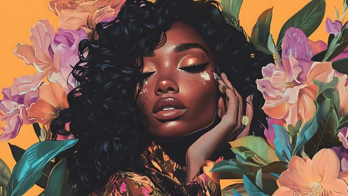 Digital portrait of serene woman amid tropical floral blooms