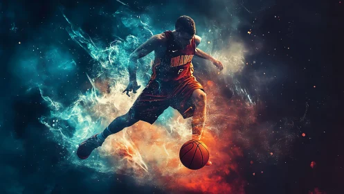 Basketball player in midair surrounded by colored smoke fields.