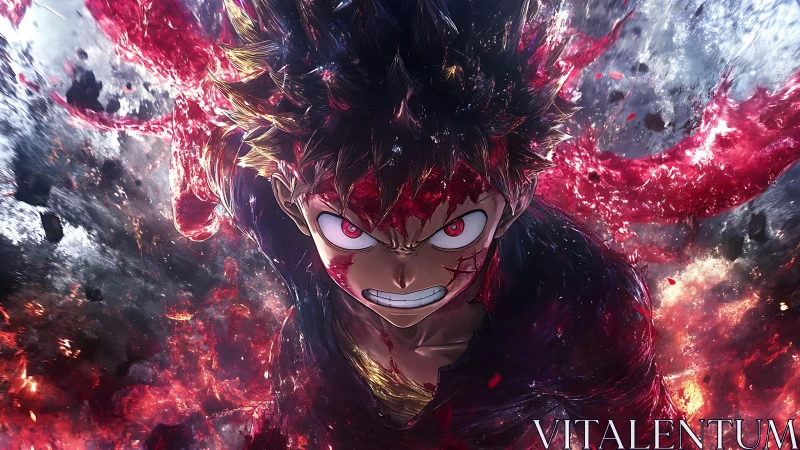 Storm-lit brawler erupts through crimson cosmic shrapnel