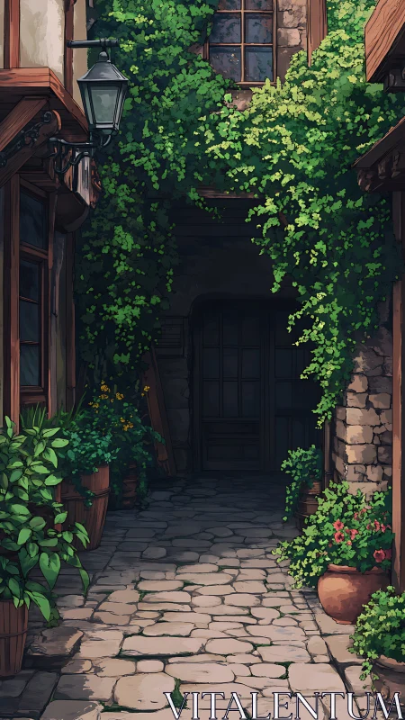 Stone courtyard passage with dense climbing greenery.