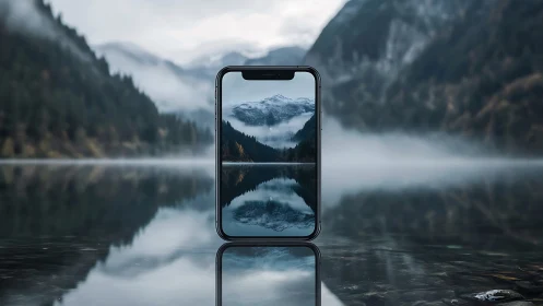 Smartphone reflects misty mountain lake in serene symmetry