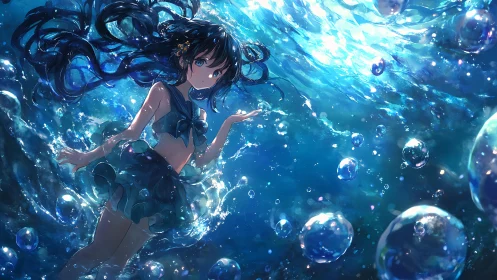 Girl in stylized underwater scene with bubbles suspended.
