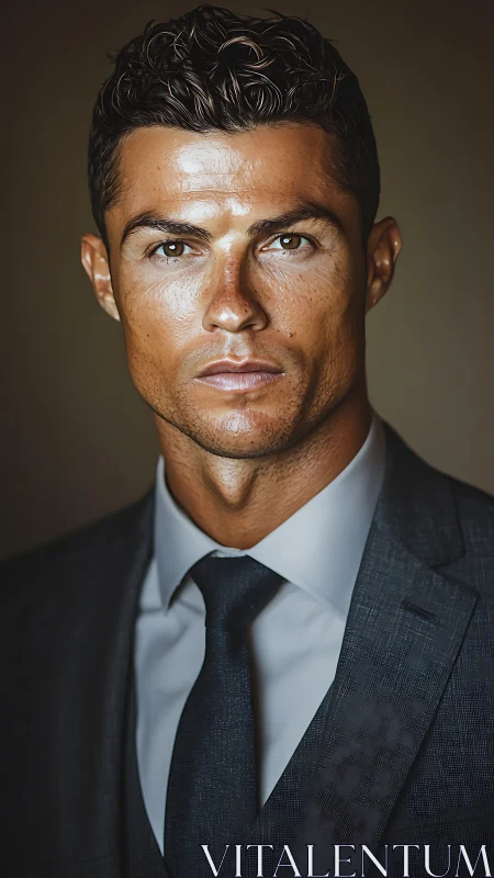 Man in dark suit stares forward with direct neutral expression