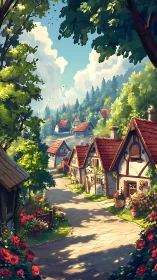 Sunlit village lane with stylized cottages and layered foliage depth