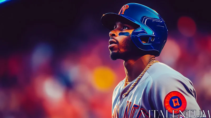 Gold-chained slugger under neon stadium twilight glow.