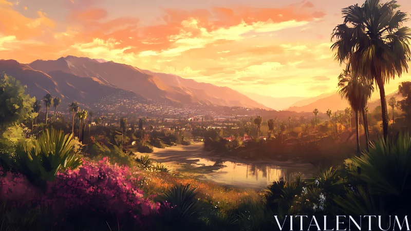 Digital painting of sunset valley with lush palm foreground.