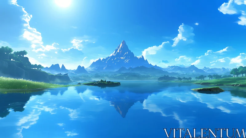 Mountain lake landscape under clear blue sky reflection.