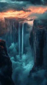 Skyfall ravine where clouds drown beneath burning dawn.