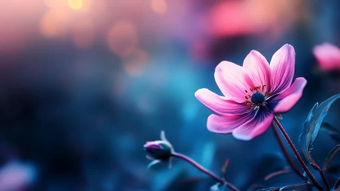 Pink Cosmos Flower in Soft Focus Blue Ambiance with Bokeh