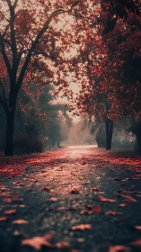 Tree-lined park path with red autumn leaves on ground.