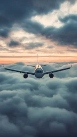 Commercial jet aircraft flying above dense cloud layer.