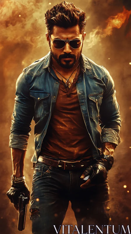 Stylized armed man in denim jacket amid fiery backdrop.