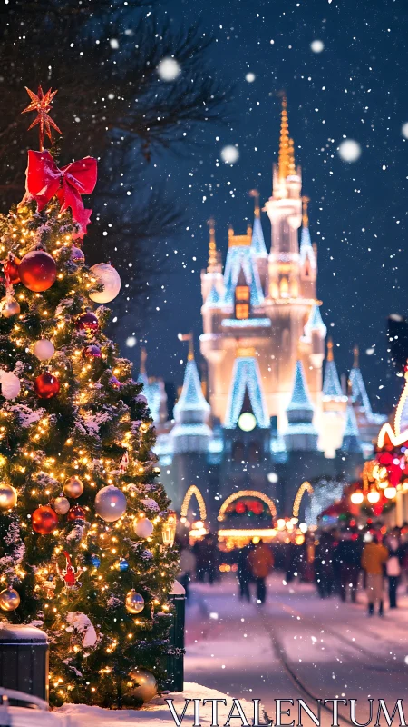 Snowy Christmas tree before illuminated winter castle.