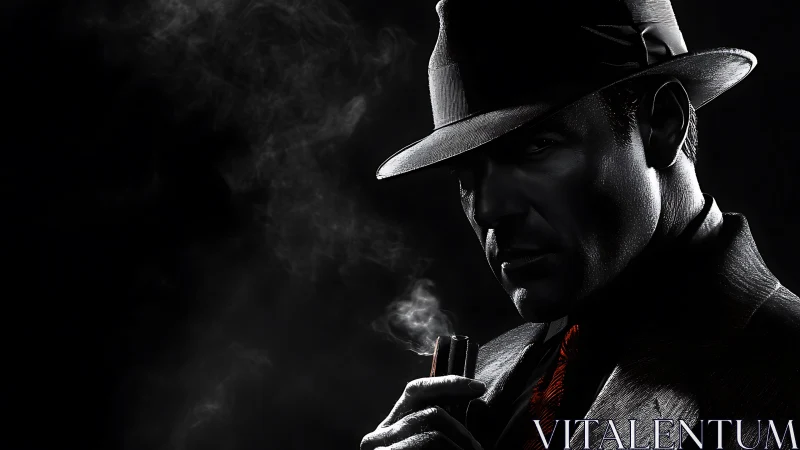 Noir style man in fedora smoking in dramatic shadow.