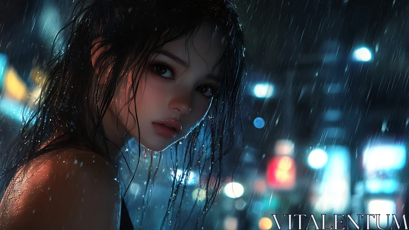 Rain-soaked girl gazes back in neon city night portrait.