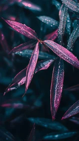 Neon-tinted leaves shimmer under raindrops in moody light.