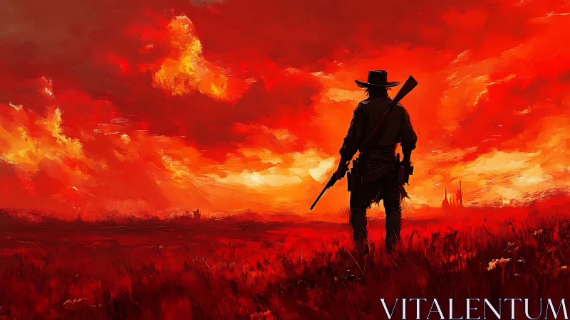 Silhouetted gunslinger stands in red sunset grassland