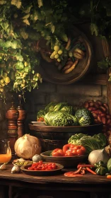 Rustic still-life of market vegetables under warm diffuse light.