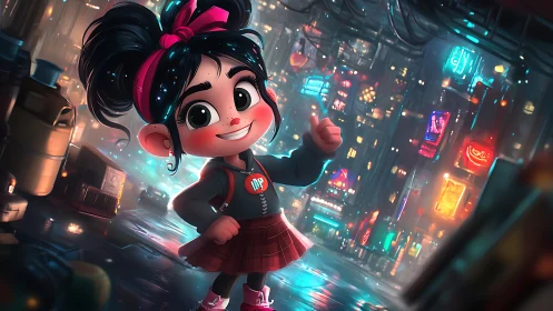 Neon-soaked alley crowns a fearless cartoon girl explorer