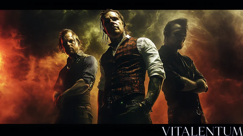 Cinematic trio portrait in dramatic smoke and rim lighting