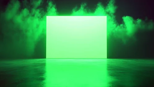 Bright neon green rectangular screen in foggy studio.