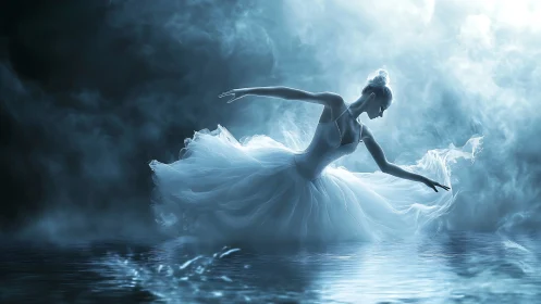 Ballet dancer balances over reflective water in diffused fog