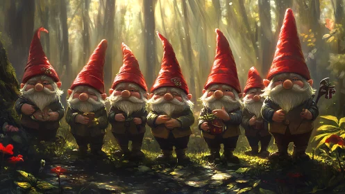 Forest gnome lineup under sunlit woodland canopy.