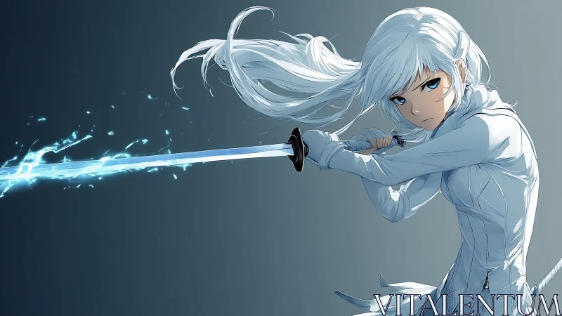 Stormlit swordswoman unleashes crackling blade of winter light.