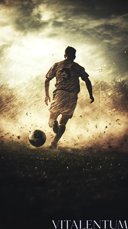 Stormlit striker races through dusk and flying turf shards.