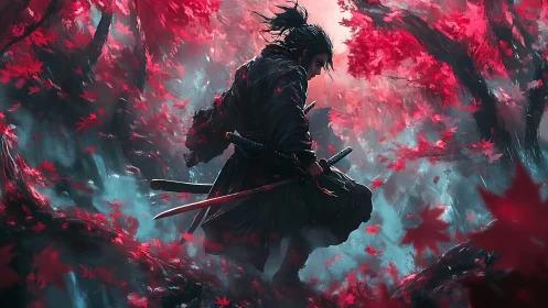 Lone samurai pauses in a storm of crimson autumn leaves
