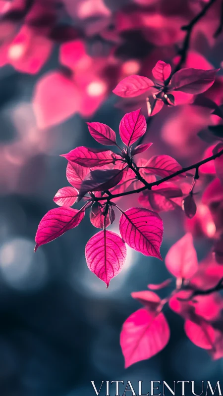 Glimmering pink leaves glow softly against a dreamy sky