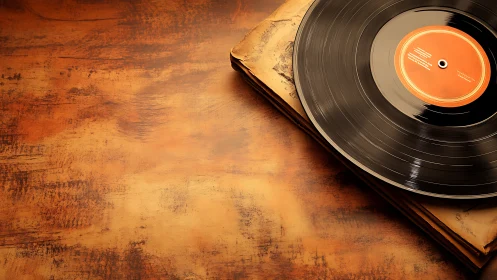Vintage vinyl record resting on worn album sleeve tabletop.