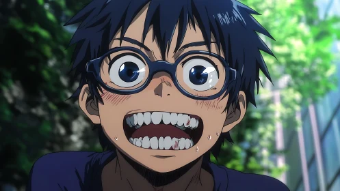 Close-up anime portrait shows startled boy with glasses and sweat