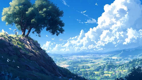 Tree crowns hilltop above expansive sunlit rural valley