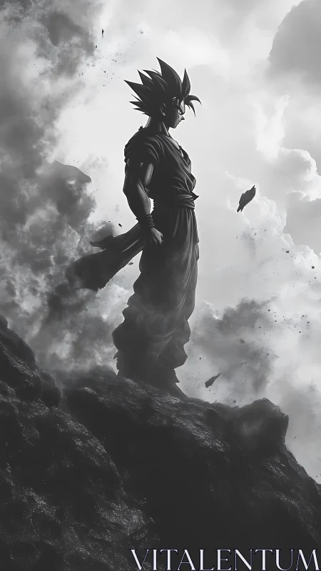 Anime warrior silhouette on stormy cliff in grayscale.