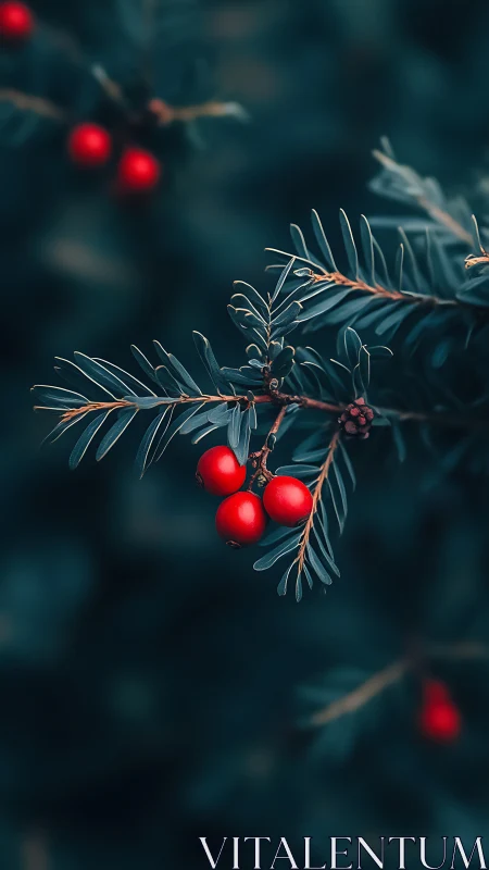 Close-up of evergreen branch with clustered red berries.