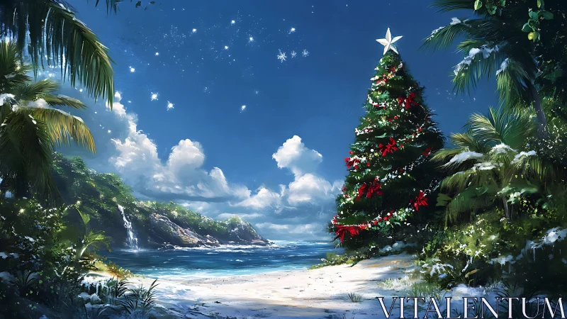 Decorated evergreen tree stands on tropical beach shoreline