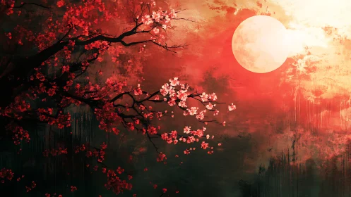 Crimson cherry blossoms under full moon on textured sky.