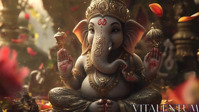 Detailed Ganesha idol in ornate golden temple setting.